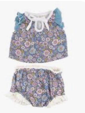 Miki Miette Muslin Ruffle Top + Bloomer Set- Blue Floral